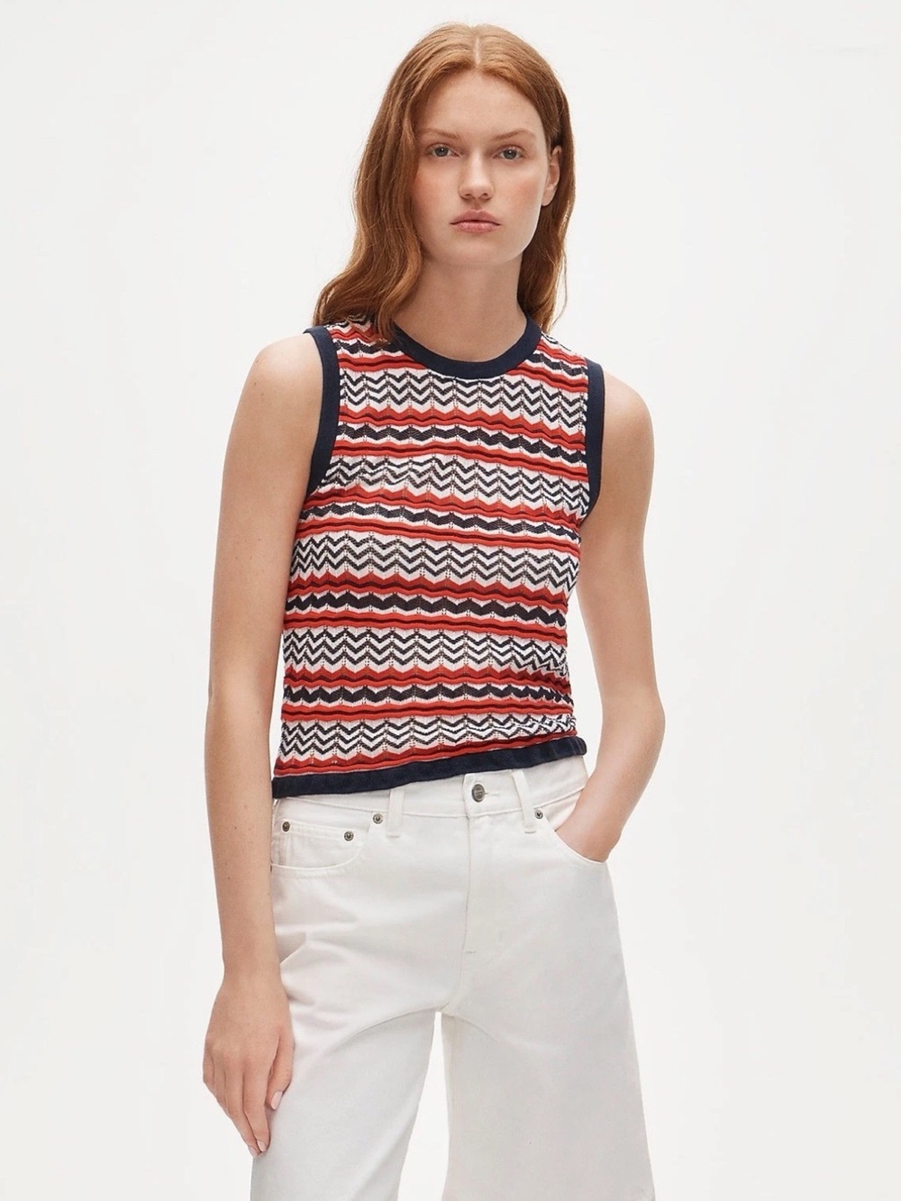 J. Crew Sweater-tank in pointelle chevron - Red, Navy & White Chevron